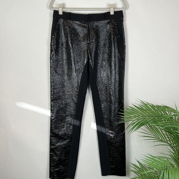 bouchra jarrar Paris Trousers Tuxedo Faux Leather Vinyl Wool Crepe Black Ankle - Picture 1 of 10